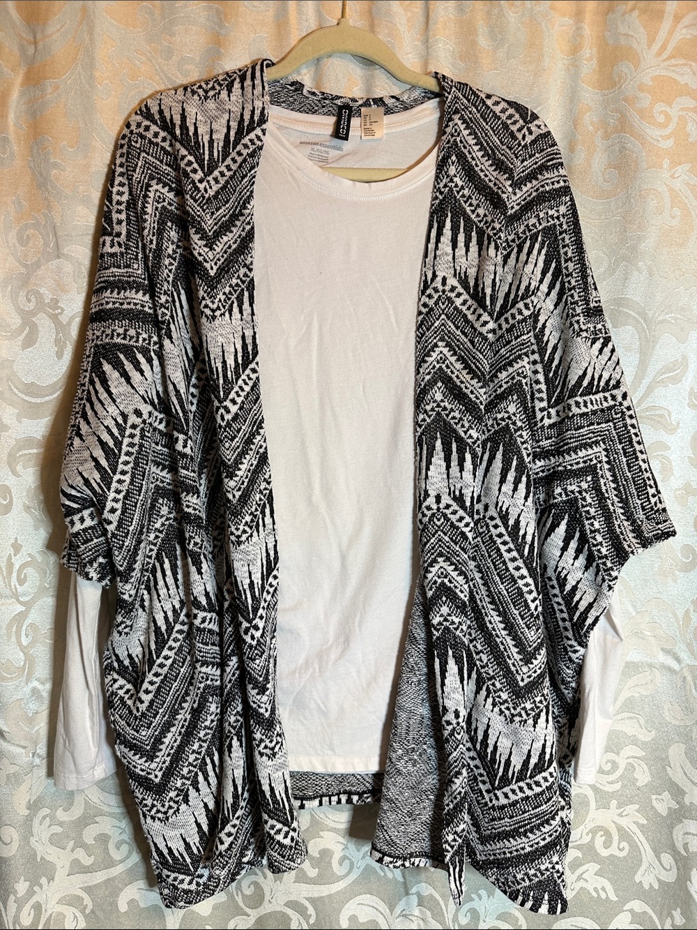 Divided Black and White Patterned Open-Front Cardigan